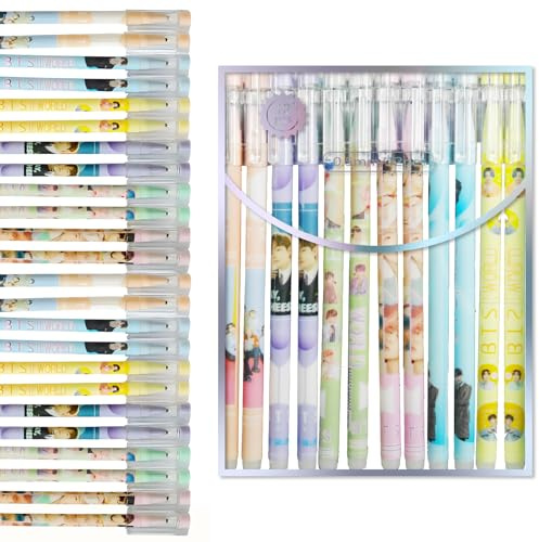 BTS-set med 24 gelpennor, 6 olika Skzoo-mönster, 2 olika bläckfärger, 4 pennor per design, 0,5 mm spets, perfekt för Kpop-fans