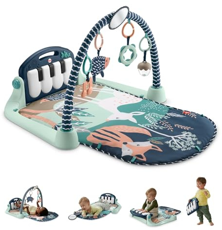 Fisher-Price Gimnasio-piano pataditas Alfombra de juego para bebés con juguetes musicales y sensoriales para recién nacidos y niños pequeños, azul marino y beige, JMN75