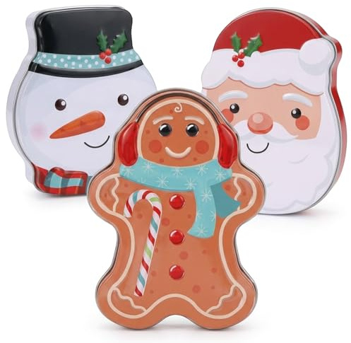 MIJOMA Set di 3 barattoli di Natale a forma di figurina – divertenti scatole regalo con Babbo Natale pupazzo di neve uomo di pan di zenzero – ideali per regalini bambini feste fai da te