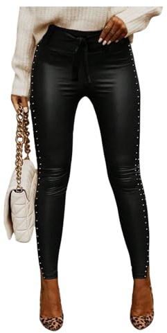 GORGLITTER Leather Leggings for Women UK High Waisted Belted Studded Slit Skinny Clubwear Trousers Black Medium