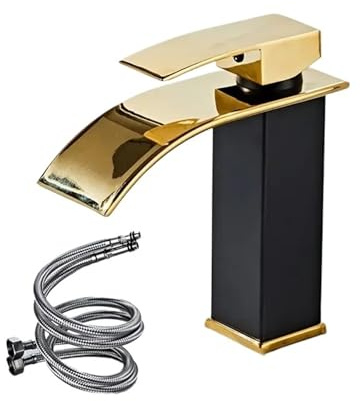 Svart guld vattenfall kran varmt och kallt vatten dubbel kontroll rostfritt stål legering finish för badrum handfat (svart guld)
