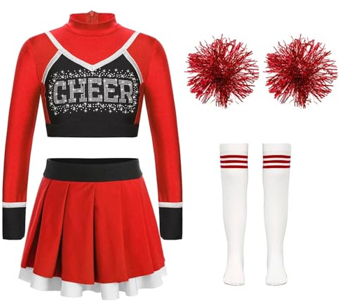 UBOHUZ Uniforme de Pom-Pom Child for Filles, Tenue de Danse, Haut Court, Jupe plissée, Chaussettes à Fleurs, for équipe de Pom-Pom Child, Ensembles de vêtements de Danse pour Femme(A Red,14)