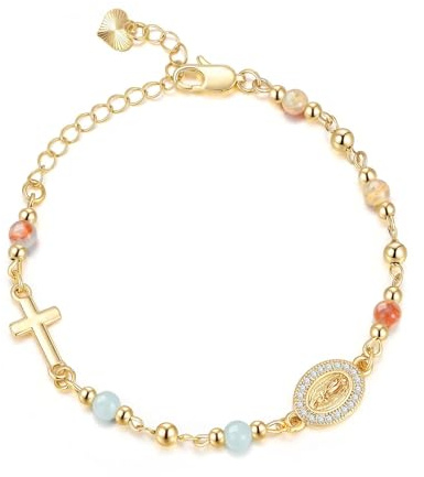 Bracelet Croix Femme en Pierre Naturelle, Bracelet Chrétien couleur or avec Médaille Vierge Marie, Bracelet Doré Femme Ajustable, Bijou Religieux pour Baptême, Communion, Confirmation, Cadeau Chrétien
