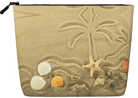 Starfish with Palm Trees Print Fake Hemp Makeup Bag Cosmetic Pouch Travel Toiletry Bag Waterproof Organizer for Women