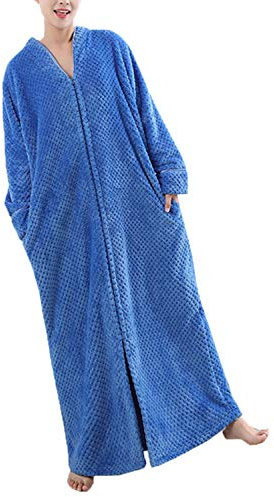 DSNOW Ladies Zip Fleece Waffle Long Dressing Gown Fluffy Towelling Bathrobe Sleepwear, Blue, XL