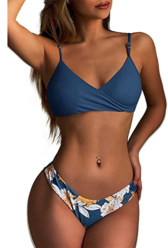ZAFUL Women's Solid Spaghetti Strap Bralette Bikini Set Two Piece Swimsuit (0-Peacock Blue, S)