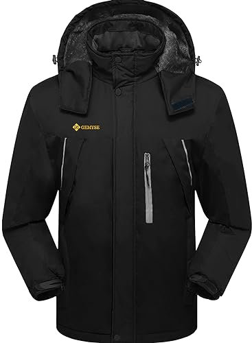 GEMYSE Herren wasserdichte Winterjacke ohne Reißverschluss(Schwarz,2XL)