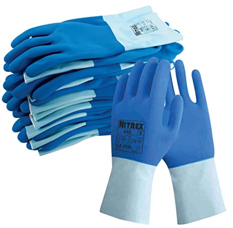 Nitrex 440 Chemical Resistant Safety Gloves, Bag of 10 Pairs, Size 7 - Cotton Lined Chemical and Heat Resistant Latex Gauntlet