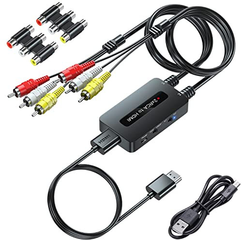 PARUIEN RCA auf HDMI Konverter Mit 720P/1080P Ausgangs Schalter - Dual Ports Composite AV zu HDMI Kompatibel Mit VHS/DVD/STB/N64/PS2/Wii