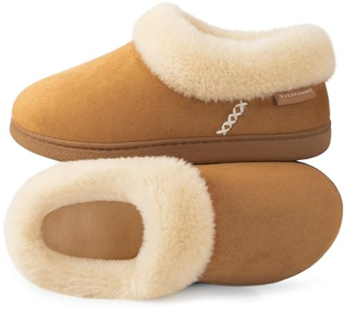 EverFoams Women's Warm Slippers Fluffy Memory Foam Indoor Outdoor Closed-back House Shoes Tan, 5-6 UK