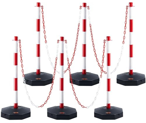 VEVOR Poteau de Signalisation 6PCs Poteau de Délimitation sur Socle Remplissable Hauteur Réglable Cône de Signalisation Longue Chaine 2 m pour Contrôle de Circulation Chantier Parking Rouge et Blanc