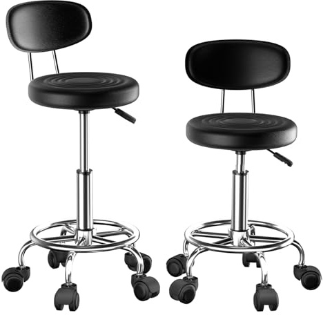 HAMHAIGO Set di 2 sgabelli da ufficio regolabili in altezza, con poggiapiedi girevole a 360°, ergonomico, altezza seduta regolabile 47-62 cm, con schienale, ruote e funzione di sollevamento, colore