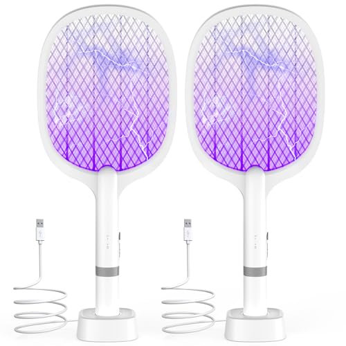 Raquette Électrique Insectes 5000V, Raquette Anti Moustique Rechargeable USB-C, Tapette à Mouche Électrique avec Base Stable et Maille 3 Couches, Efficace Contre Mouches et Insectes (Lot de 2)