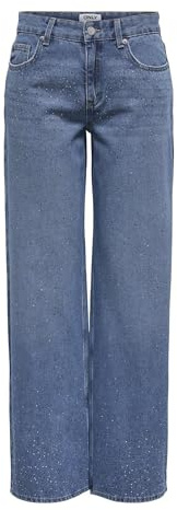 ONLY Onlcath LW Wide Rhinestone DNM PIM, Medio De Mezclilla Azul, 29W / 30L