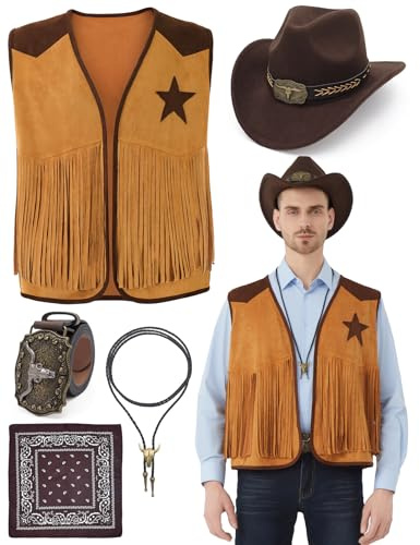 Ragelion 5 Pièces Denim Vêtements Hommes Western Vest Chapeau Cravate Boucle Ceinture Collier Halloween Cosplay Collier (FR/ES, Alpha/lettres, L, Taille normale, Taille normale, Kaki)