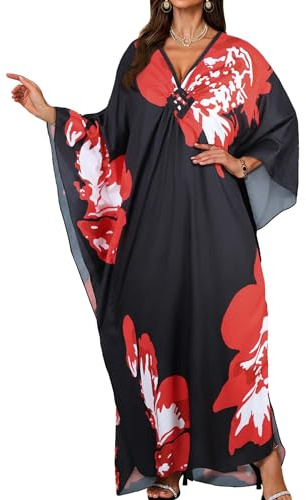 JILUVIN Kaftan Dresses for Women Plus Size V Neck Caftans Long Batwing Sleeve Beach Cover Ups Summer Floral Print Dress 2026 (Red Floral,One Size)