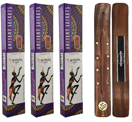 Aromasenses | 3-pack rökelse lavendel och Copal Vijayshree Golden Ancient Secrets Masala + 1 gåva aromsenses rökelsekärl | Naturlig | 15 g x 3 förpackningar = 45 g