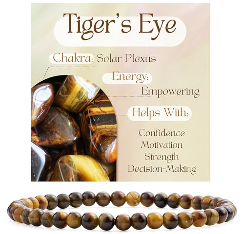 Bivei Ojo de Tigre - Potenciador Pulsera de Cristal para Mujeres 4mm Cuentas Piedra Semipreciosa Natural Elástica Extensible Joyería Regalo Yoga Pequeño
