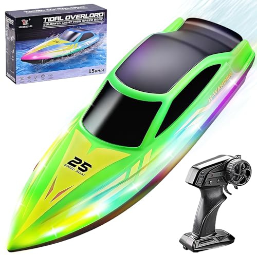OBEST Barca Telecomandata con Luci LED per Bambini,2,4 GHz Barca da Corsa RC ad alta Velocità per Laghi/Piscine/Stagni,Giocattolo Acquatico Regalo per Ragazzi e Ragazze