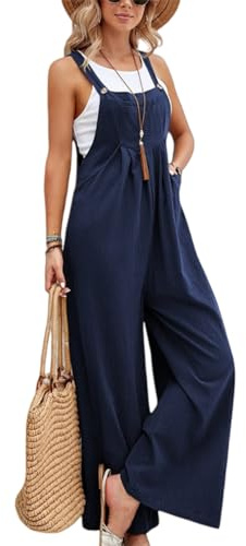 DURINM Salopette Femme Jambe Large Combinaison Pantalon Décontracté Avec Poches Ample Taille Réglables et Poches Salopette de Travail Ete Fluide chic Pantalon Large Grande Taille