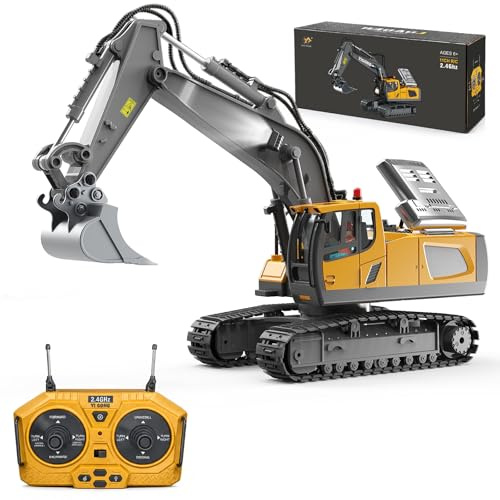 YESHIN Pelleuse télécommandée, 1:20 pelleuse RC en métal, jouet véhicule de chantier avec télécommande 2,4 GHz, rotation à 680°, lumière et son, charge USB, cadeau d'anniversaire pour enfants à partir