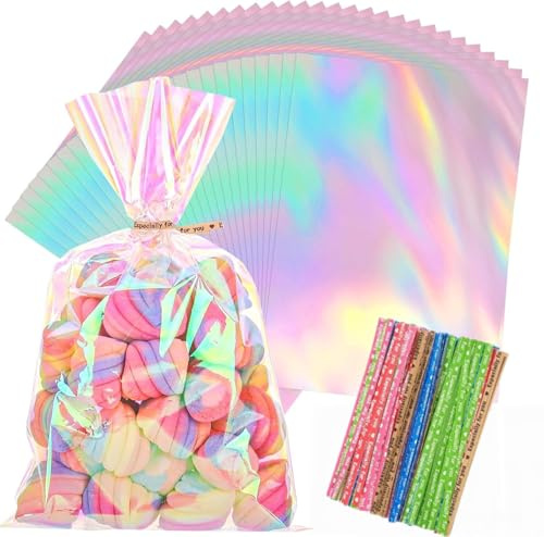 100 Bolsas para Regalo de Celofán, Bolsitas Caramelos para Fiestas de Cumpleaños, Bolsas de Plástico Colores Multiusos, con 100 Ataduras de Colores, para Galletas/Regalos/Navidad/Bodas (15.5×26cm)