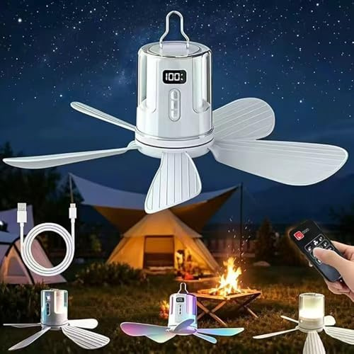 TUIBEIDAMAI Lámpara Ventilador Techo con Luz LED, USB Recargable Lámpara Ventilador con Mando a Distancia, Temporizador, Velocidades, Ventilador de Techo Portátil Camping