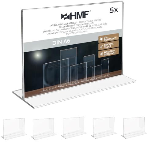 HMF 46923 Espositore da Tavolo dritto in Acrilico | 5 Pezzi | DIN A6 Orizzontale | Trasparente