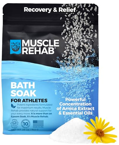 Muscle Rehab Epsom Salt Bath Soak 29 oz with Arnica - Fast-Dissolving Bath Salts for Muscle Relief and Recovery - Cooling Formula - Made in USA