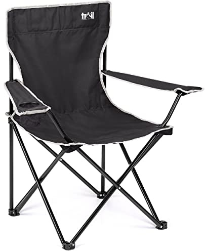 Trail Folding Camping Chair, Lightweight Outdoor Chair with Cup Holder Armrest, Heavy Duty Tubular Steel Frame, Fast-Drying Polyester, Carry Bag, 100kg Capacity (Black)