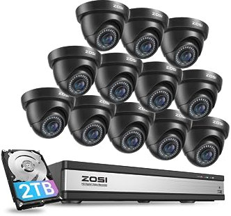 ZOSI 3K Lite 16CH Security Camera System with AI Human Vehicle Detection,16 Channel CCTV DVR with 2TB HDD and 12 x 1080p Indoor Outdoor Dome Camera, 80ft Night Vision, 90° View Angle, Alert Push