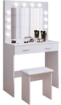 Schminktisch mit Hollywood-LED-Beleuchtung, Weiß Frisiertisch Kosmetiktisch Spiegel, 2 große Schubladen und Hocker
