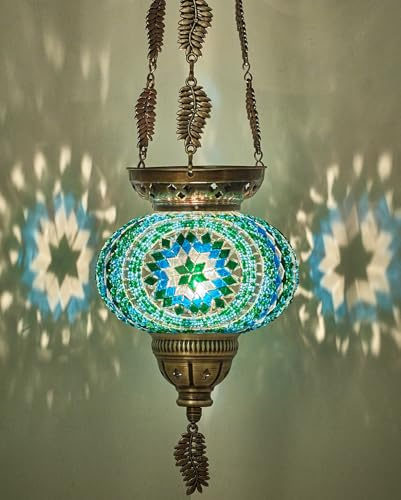 DEMMEX Turkisk marockansk färgglad mosaik bohemisk boho hängande ljushållare lykta med handgjord färgglad glasklot och metallbladkedjor, 61 cm (söt)