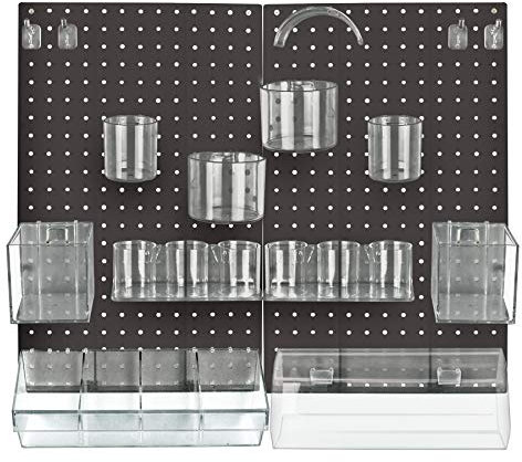 Azar Displays 900944-BLK The Ultimate DIY Multi-Purpose 24-Piece Pegboard Wall Organizer Kit with Two Panels and Accessory Assortment: Hooks, Divider Bin, Headband Holder, Cylinder, and Cups., black