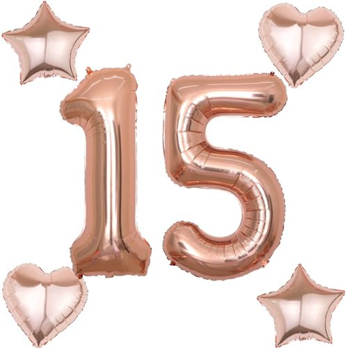 Ballon d'anniversaire 15 cm - Motif chiffre 15 - Pour fille - Or rose - Avec 4 ballons gonflables - Taille XXL - 15 ballons à l'hélium - Pour 15e anniversaire - Décoration fille - Numéro 15 - Or rose