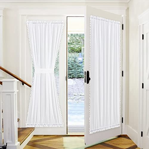 PONY DANCE Tenda da porta in voile con pannello per porte francesi, con pompon e doppia tasca per porta in vetro, 132 x 182 cm, colore bianco, 1 pezzo
