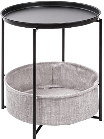 ONVAYA® Beistelltisch Linda rund | Schwarz | Couchtisch mit Korb & Tablett | aus Metall | für Wohnzimmer, Schlafzimmer, Garten | Nachttisch | Sofatisch mit Stauraum