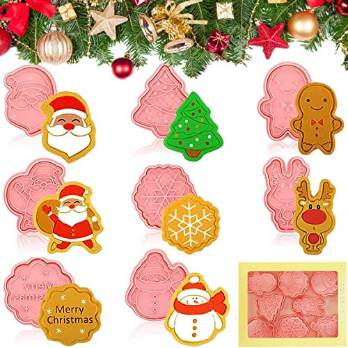 Yueser 3D Christmas Cookie Cutters,Christmas Pressed Biscuit Mould Children's Biscuit Cutters Cookie Stamps Cookie Moulds Biscuit Cutter Mould Fondant Cookie Shapes Cutters Sandwich Cutter 8 Pieces