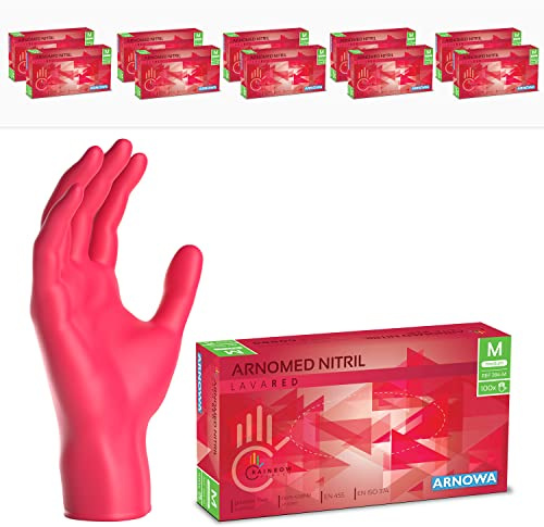 1000x ARNOMED® Guanti nitrile M Rosso, Guanti monouso senza polvere e lattice, Guanti plastica usa e getta dermanytril, Per cucina, pulizia casa, alimenti e tattoo XS, S, M, L, XL