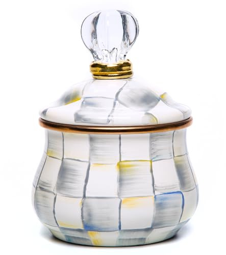 MACKENZIE-CHILDS Enamel Lidded Sugar Bowl, Small Serving Bowl with Lid, 10-Ounce Capacity, Gray-and-White Sterling Check