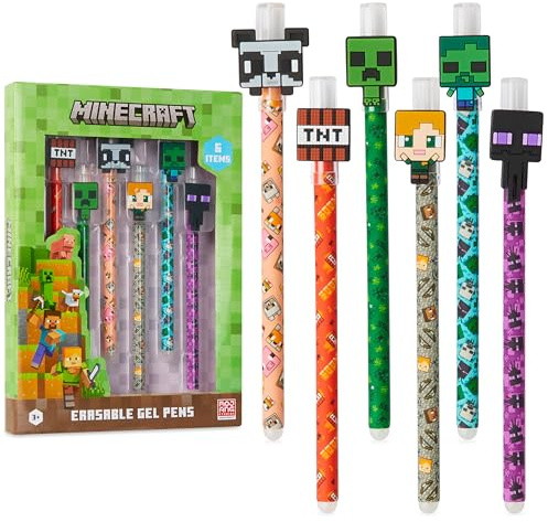 Minecraft Erasable Gel Pens Set, Coloured Pens with Erasers Pack of 6, School Supplies - Gifts for Boys