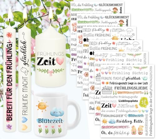Tixlux 6 PCS Kerzentattoo Wassertransferdruck (200+ Muster), Wasserschiebefolie kerzen | Kerzenaufkleber | Kerzen dekorieren | Gedenklicht | Trostkerze | Geburtstagskerze (Frühling)