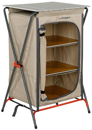 Lippert Sand Outdoor Folding Camping Pantry with Three Storage Shelves, 600D Polyester Fabric, Powder-Coated Steel Frame, Aluminum Slat Top, Collapsible Design - 2023053723