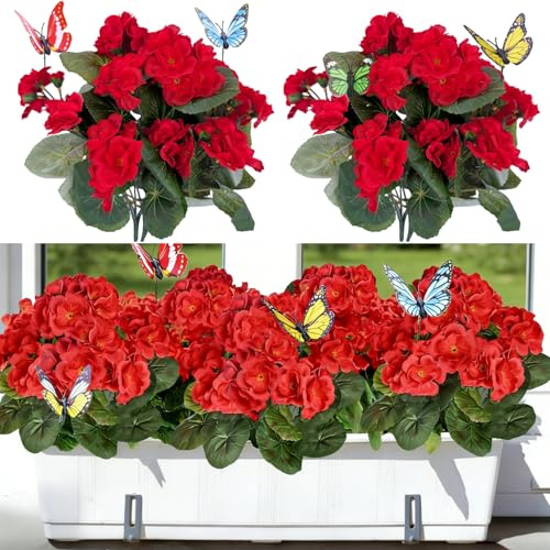 Avoik Konstgjorda blommor för utomhusbruk 4 buntar pelargoner konstgjorda växter blommor vår sommar dekoration konstgjorda sidenblommor UV-resistent inomhus utomhusväxter för trädgård veranda bröllop