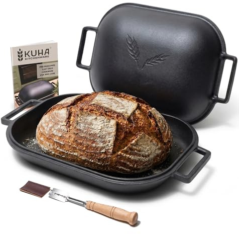 KUHA Cast Iron Bread Oven with Lid, Oval Dutch Oven for Sourdough Baking | 500F heat rating, pre-seasoned surface, lame included, wide dual handles, stovetop compatible, hand wash only