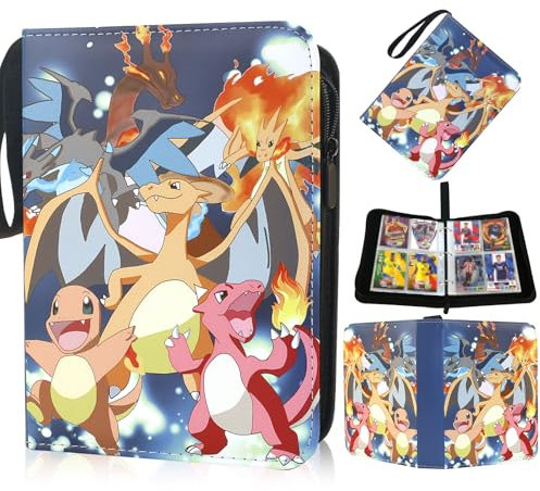 Freyauga Sammelkarten Album, 400 Taschen Karten Sammelalbum, Cartoon Anime 3-Ring Karten Sammelmappe Sammelheft Sammelbuch mit 50 Hüllen und Reißverschluss Tragegriff, Wasserdichtes PU-Leder Ordner