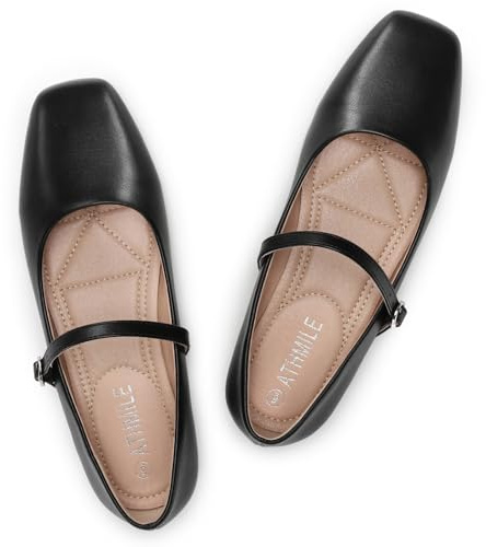 ATHMILE Mary Jane Shoes Women Ballet Flats Shoes for Women Slip on Comfortable Dressy Adjustable Strap for Work Office Business Casual Black