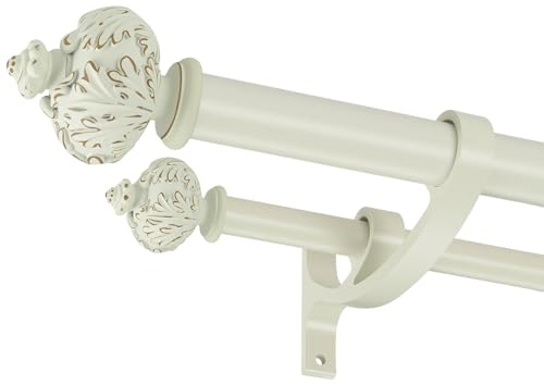 Lwiiom Heavy Duty Double Curtain Rod with Palm Leaves Finials and Aluminum Bouquet Brackets,Double Curtain Rods for Windows 36 to 72 Inches,1 Inch Front, 5/8 Inch Back Adjustable Double Rods,White