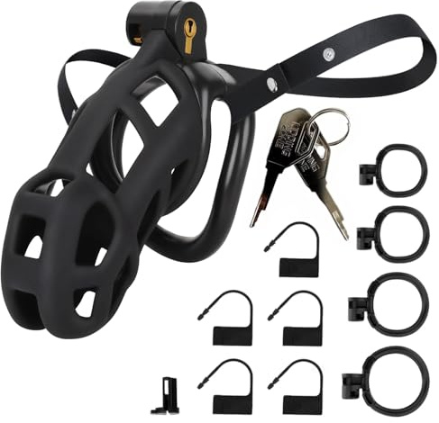 Male Chastity Cage with Belt + 4 Ball Rings & Invisible Lock - Ultralight Fit Design for Long Term Wear, Secure BDSM Device (L-100mm) [Black]- Breathable Large Penis Cage Sex Toy for Men
