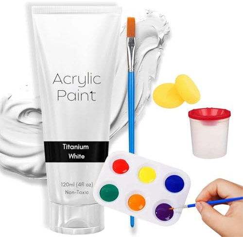 Primeora White Acrylic Paint 120ml – Non-Toxic Acrylic White for Canvas, Wood, Fabric, Stone, Crafts – Fabric Paint, Wood Paint + No Spill Cups, Ceramic Sponge, Palette, Nylon Brush